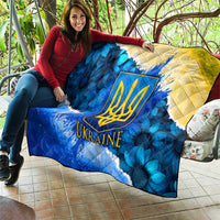 Trident Emblem Ukraine Quilt with Blue Sunflowers and Flag Colors Design