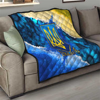 Trident Emblem Ukraine Quilt with Blue Sunflowers and Flag Colors Design