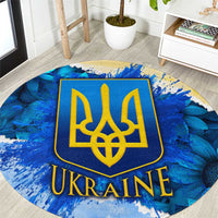 Trident Emblem Ukraine Round Carpet with Blue Sunflowers and Flag Colors Design