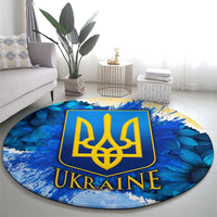 Trident Emblem Ukraine Round Carpet with Blue Sunflowers and Flag Colors Design