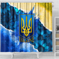 Trident Emblem Ukraine Shower Curtain with Blue Sunflowers and Flag Colors Design