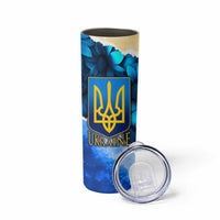 Trident Emblem Ukraine Skinny Tumbler with Blue Sunflowers and Flag Colors Design
