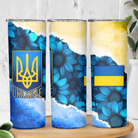 Trident Emblem Ukraine Skinny Tumbler with Blue Sunflowers and Flag Colors Design