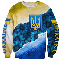 Trident Emblem Ukraine Sweatshirt with Blue Sunflowers and Flag Colors Design