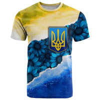 Trident Emblem Ukraine T Shirt with Blue Sunflowers and Flag Colors Design