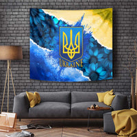 Trident Emblem Ukraine Tapestry with Blue Sunflowers and Flag Colors Design