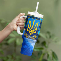 Trident Emblem Ukraine Tumbler With Handle with Blue Sunflowers and Flag Colors Design