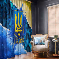 Trident Emblem Ukraine Window Curtain with Blue Sunflowers and Flag Colors Design