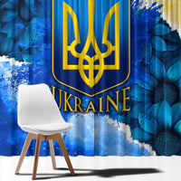 Trident Emblem Ukraine Window Curtain with Blue Sunflowers and Flag Colors Design