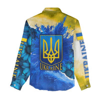 Trident Emblem Ukraine Women Casual Shirt with Blue Sunflowers and Flag Colors Design