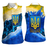 Trident Emblem Ukraine Women Sleeveless Polo Shirt with Blue Sunflowers and Flag Colors Design