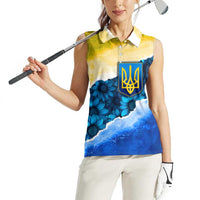 Trident Emblem Ukraine Women Sleeveless Polo Shirt with Blue Sunflowers and Flag Colors Design