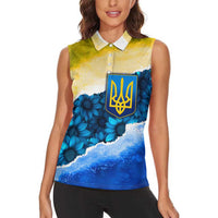 Trident Emblem Ukraine Women Sleeveless Polo Shirt with Blue Sunflowers and Flag Colors Design