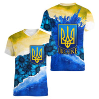 Trident Emblem Ukraine Women V-Neck T-Shirt with Blue Sunflowers and Flag Colors Design
