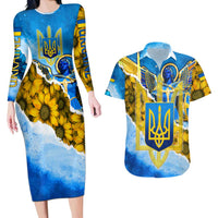 Ukraine Archangel Michael Couples Matching Long Sleeve Bodycon Dress and Hawaiian Shirt with Trident Emblem and Sunflowers Design