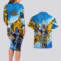 Ukraine Archangel Michael Couples Matching Long Sleeve Bodycon Dress and Hawaiian Shirt with Trident Emblem and Sunflowers Design