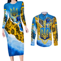 Ukraine Archangel Michael Couples Matching Long Sleeve Bodycon Dress and Long Sleeve Button Shirt with Trident Emblem and Sunflowers Design