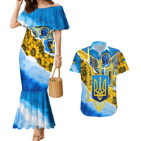 Ukraine Archangel Michael Couples Matching Mermaid Dress and Hawaiian Shirt with Trident Emblem and Sunflowers Design