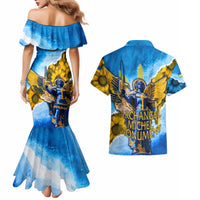 Ukraine Archangel Michael Couples Matching Mermaid Dress and Hawaiian Shirt with Trident Emblem and Sunflowers Design
