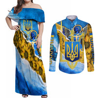Ukraine Archangel Michael Couples Matching Off Shoulder Maxi Dress and Long Sleeve Button Shirt with Trident Emblem and Sunflowers Design
