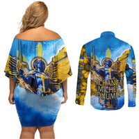 Ukraine Archangel Michael Couples Matching Off Shoulder Short Dress and Long Sleeve Button Shirt with Trident Emblem and Sunflowers Design