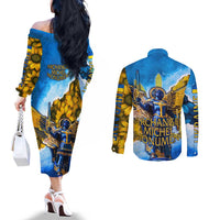 Ukraine Archangel Michael Couples Matching Off The Shoulder Long Sleeve Dress and Long Sleeve Button Shirt with Trident Emblem and Sunflowers Design