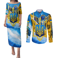 Ukraine Archangel Michael Couples Matching Puletasi and Long Sleeve Button Shirt with Trident Emblem and Sunflowers Design