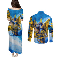 Ukraine Archangel Michael Couples Matching Puletasi and Long Sleeve Button Shirt with Trident Emblem and Sunflowers Design