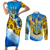 Ukraine Archangel Michael Couples Matching Short Sleeve Bodycon Dress and Long Sleeve Button Shirt with Trident Emblem and Sunflowers Design