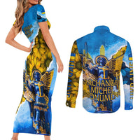 Ukraine Archangel Michael Couples Matching Short Sleeve Bodycon Dress and Long Sleeve Button Shirt with Trident Emblem and Sunflowers Design