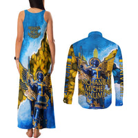 Ukraine Archangel Michael Couples Matching Tank Maxi Dress and Long Sleeve Button Shirt with Trident Emblem and Sunflowers Design
