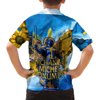 Ukraine Archangel Michael Family Matching Off The Shoulder Long Sleeve Dress and Hawaiian Shirt with Trident Emblem and Sunflowers Design