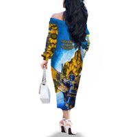 Ukraine Archangel Michael Family Matching Off The Shoulder Long Sleeve Dress and Hawaiian Shirt with Trident Emblem and Sunflowers Design