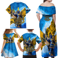 Ukraine Archangel Michael Family Matching Off Shoulder Maxi Dress and Hawaiian Shirt with Trident Emblem and Sunflowers Design