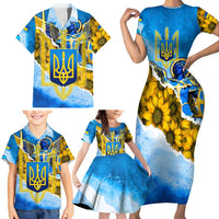 Ukraine Archangel Michael Family Matching Short Sleeve Bodycon Dress and Hawaiian Shirt with Trident Emblem and Sunflowers Design