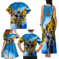 Ukraine Archangel Michael Family Matching Tank Maxi Dress and Hawaiian Shirt with Trident Emblem and Sunflowers Design