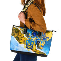 Ukraine Archangel Michael Leather Tote Bag with Trident Emblem and Sunflowers Design