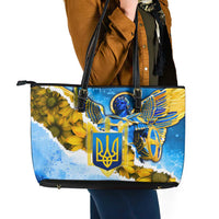 Ukraine Archangel Michael Leather Tote Bag with Trident Emblem and Sunflowers Design