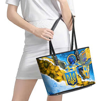 Ukraine Archangel Michael Leather Tote Bag with Trident Emblem and Sunflowers Design
