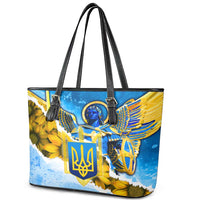 Ukraine Archangel Michael Leather Tote Bag with Trident Emblem and Sunflowers Design