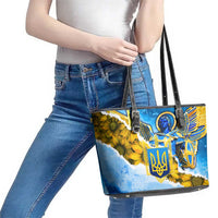 Ukraine Archangel Michael Leather Tote Bag with Trident Emblem and Sunflowers Design
