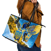 Ukraine Archangel Michael Leather Tote Bag with Trident Emblem and Sunflowers Design