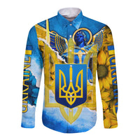 Ukraine Archangel Michael Long Sleeve Button Shirt with Trident Emblem and Sunflowers Design