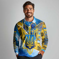 Ukraine Archangel Michael Long Sleeve Polo Shirt with Trident Emblem and Sunflowers Design