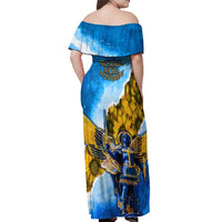 Ukraine Archangel Michael Off Shoulder Maxi Dress with Trident Emblem and Sunflowers Design