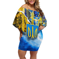 Ukraine Archangel Michael Off Shoulder Short Dress with Trident Emblem and Sunflowers Design