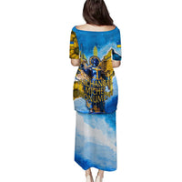 Ukraine Archangel Michael Puletasi with Trident Emblem and Sunflowers Design