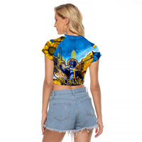 Ukraine Archangel Michael Raglan Cropped T Shirt with Trident Emblem and Sunflowers Design