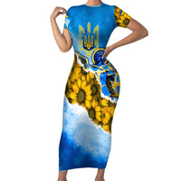 Ukraine Archangel Michael Short Sleeve Bodycon Dress with Trident Emblem and Sunflowers Design