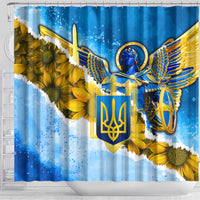 Ukraine Archangel Michael Shower Curtain with Trident Emblem and Sunflowers Design